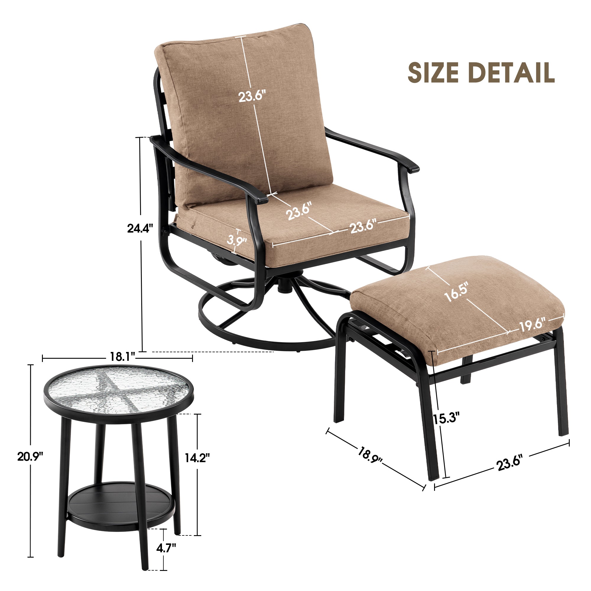 ivinta Furniture Patio Chairs Set of 3, Outdoor Metal Swivel Chairs with Side Table Thick Removable Cushions, Bistro Chair with Ottoman for Backyard, Garden, Balcony, Porch