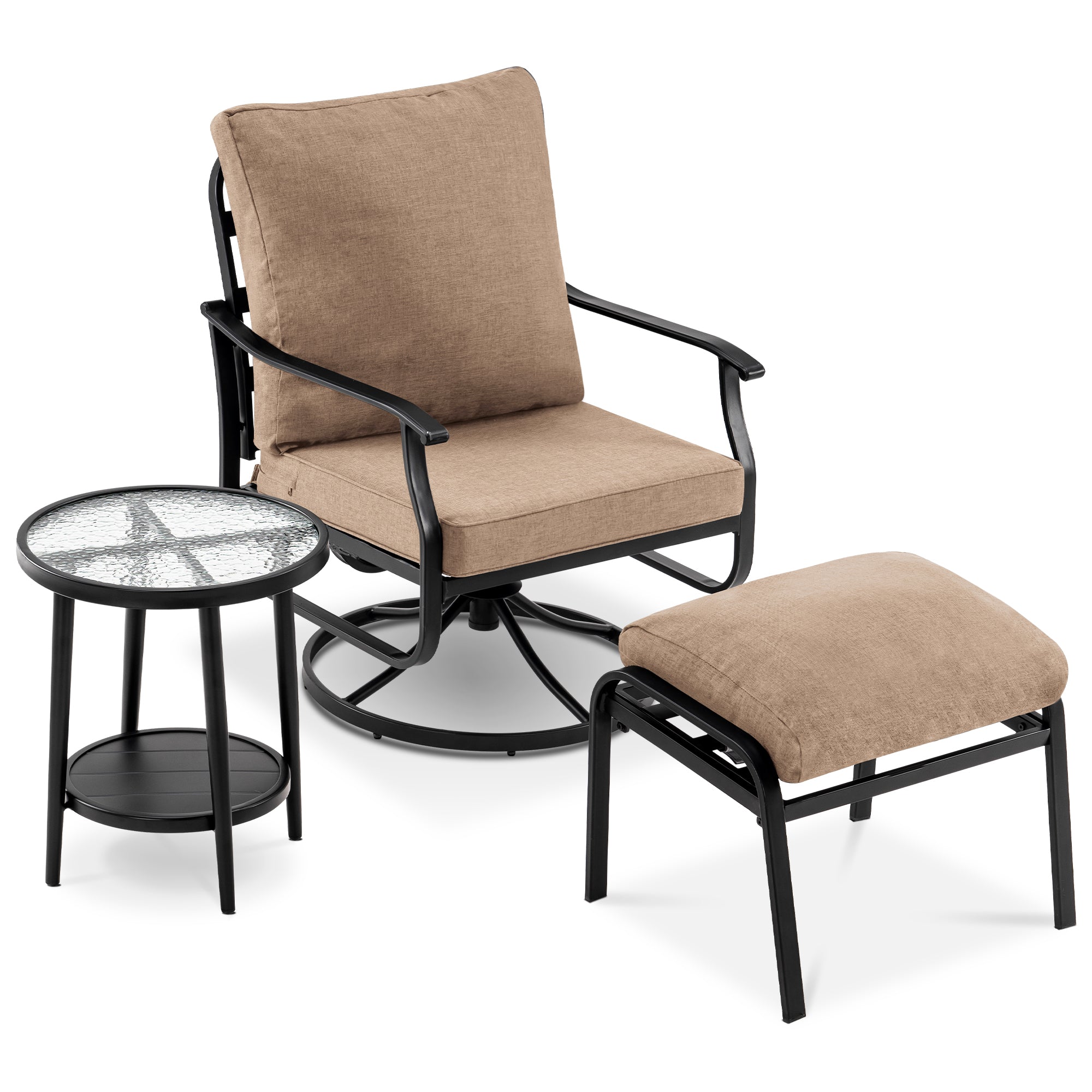 ivinta Furniture Patio Chairs Set of 3, Outdoor Metal Swivel Chairs with Side Table Thick Removable Cushions, Bistro Chair with Ottoman for Backyard, Garden, Balcony, Porch