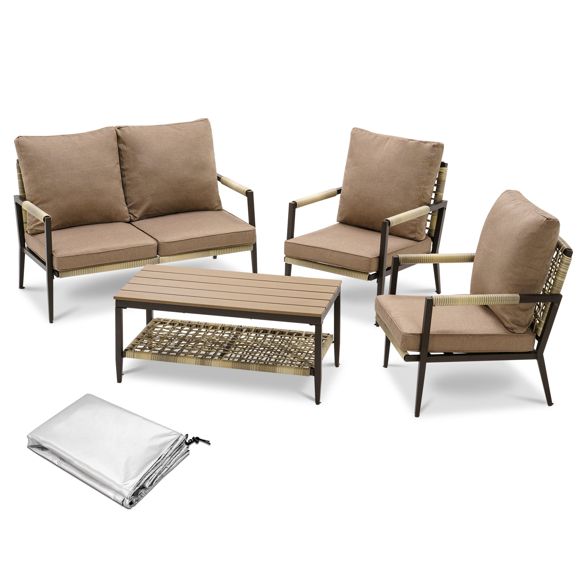 ivinta Outdoor Patio Furniture Set, 4 Pieces Rattan Conversation Sets , Wicker Patio Furniture Sets, All Weather Sectional Furniture Cushions（Beige/Grey）