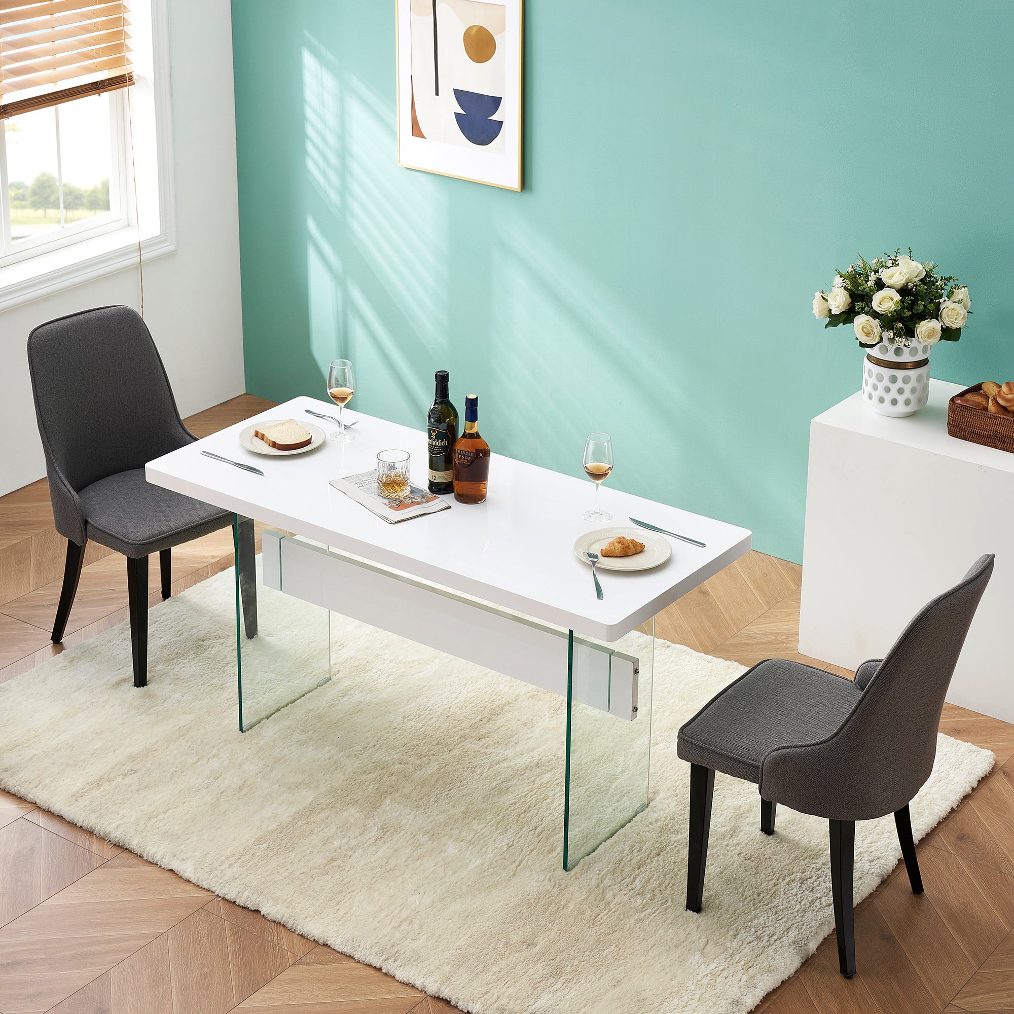 ivinta Modern White Dining Table, High Glossy Dining Room Table for 4/6