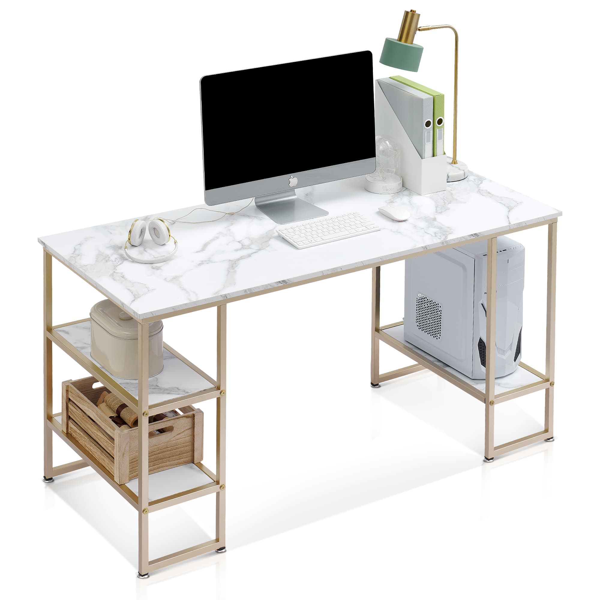 Ivinta Computer Desk with Shelves White Desk Office Desk with CPU Stand Vanity Desk