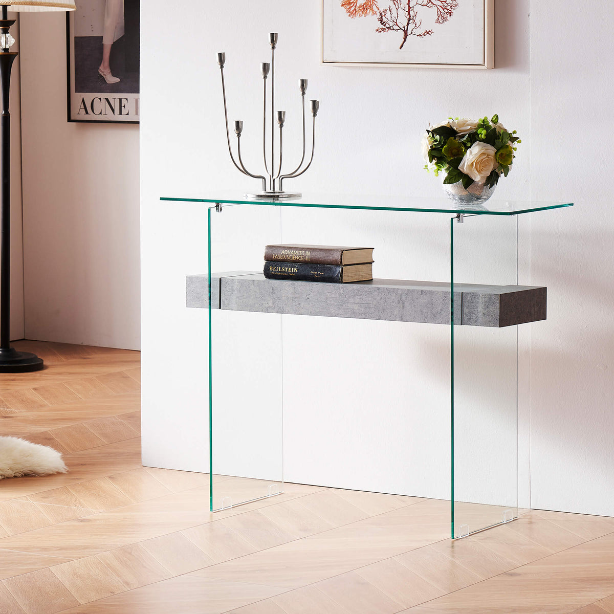 Ivinta Narrow Glass Console Table with Storage Modern Sofa Table Entry