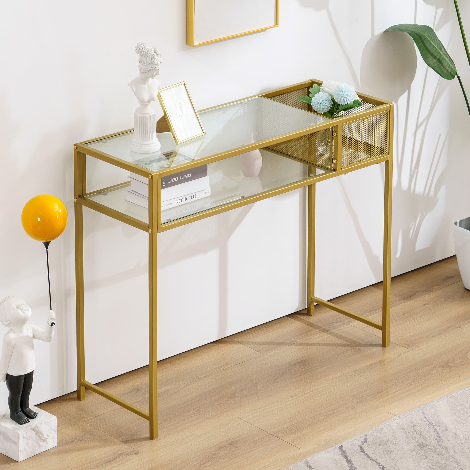 Ivinta Narrow Console Table with Storage, Modern Sofa Table with Glass Shelves, Long Entryway Table